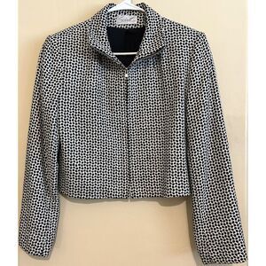 Vintage Soirée Women's Black/White 100% Handwoven Silk Cropped Zip Jacket Size S
